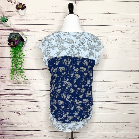 DR2 Daniel Rainn Blue Two Tone Boho Floral Blouse Top Size Small - Picture 6 of 9